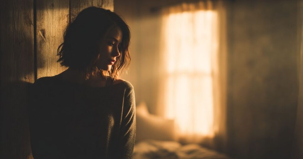 Woman looking conflicted after saying no, reflecting feelings of guilt and emotional exhaustion from people-pleasing